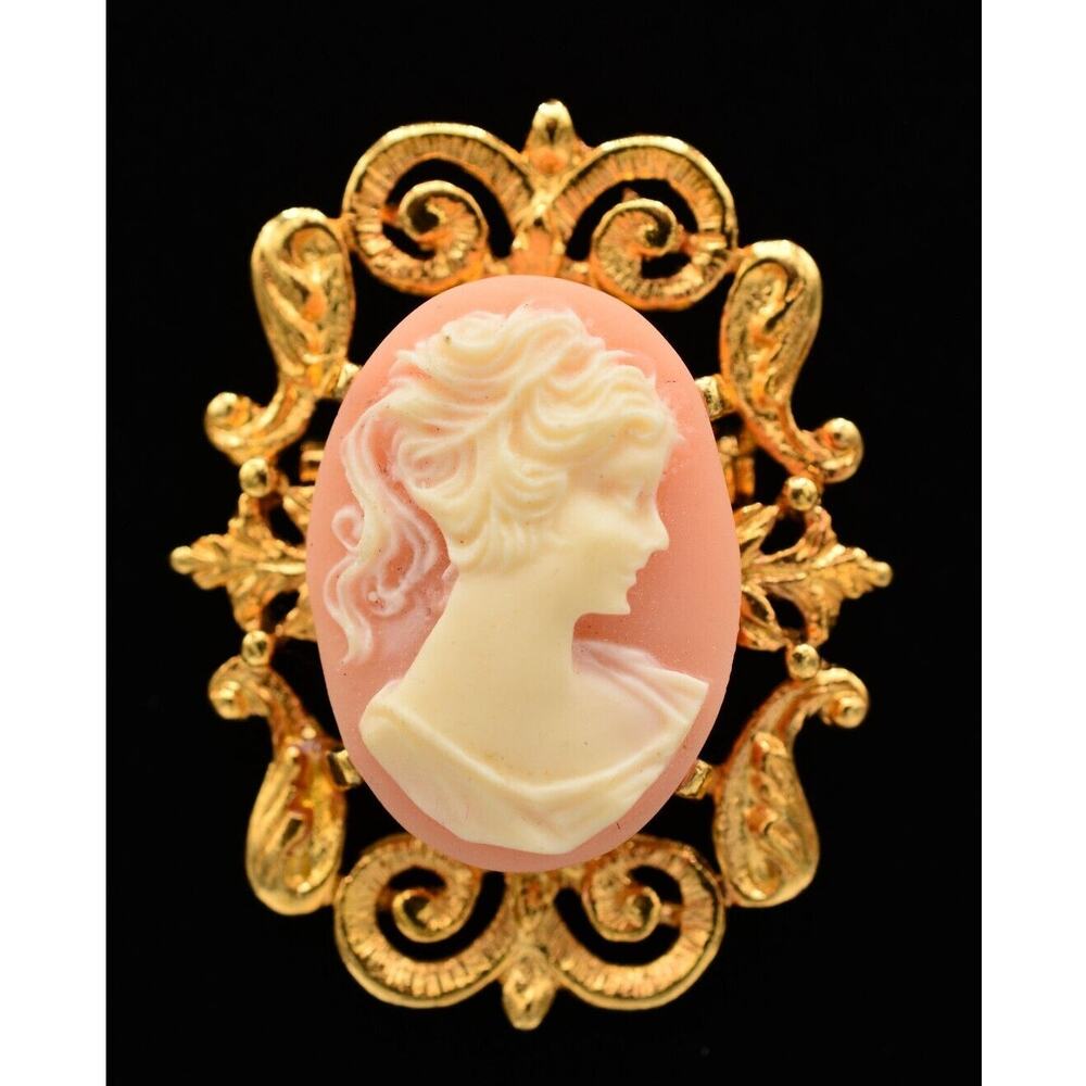Vintage Cameo Pin Brooch Brushed Gold Frame Oval Elegant Pink NOS 1980s BinA6